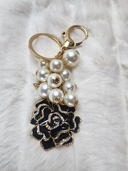Black Camellia and Pearl Bag Charm